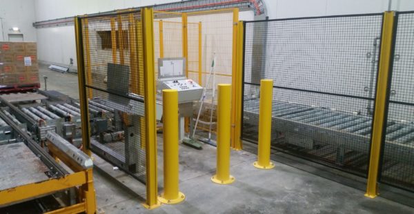 Control station protected by bollards and safety fencing