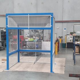 Drop point tabbed mesh panel cage with stainless steel chute